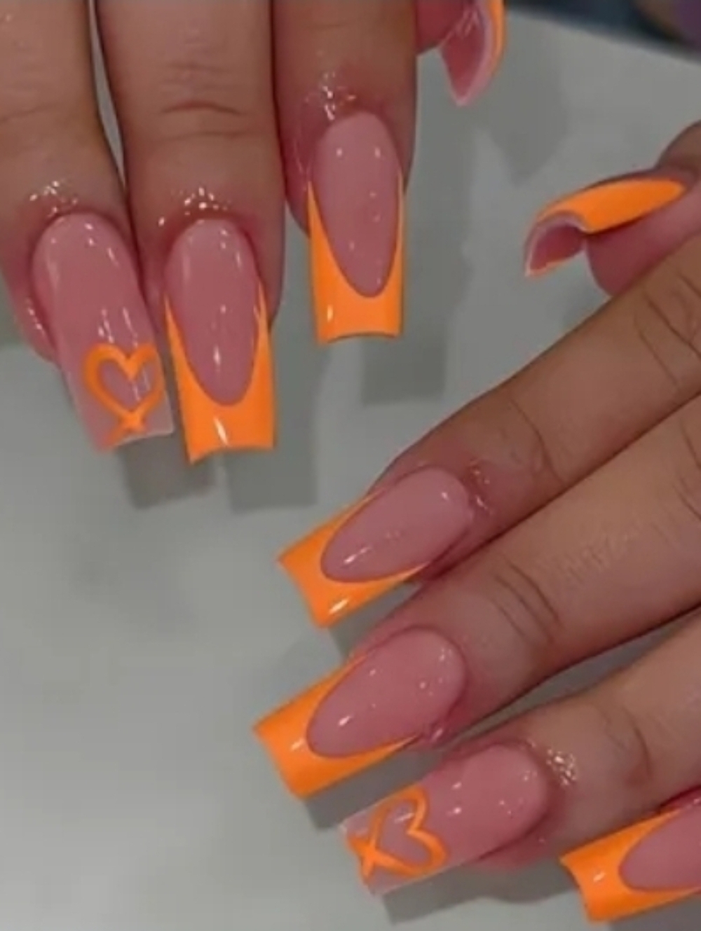 Orange French Tip With Heart Press On Nails